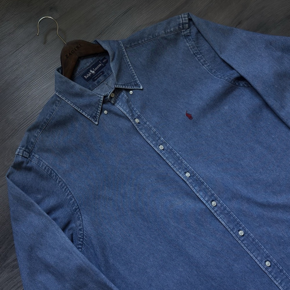 Vintage Polo Ralph Lauren Oxford Denim Shirt Mens 2XL Blue Red Pony Cotton - Picture 7 of 7